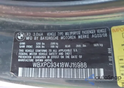 2008 BMW X3 3.0Si from USA, damaged, VIN WBXPC93418WJ16988